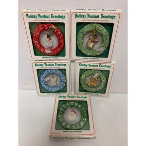 VTG Lot of 5 Holiday Pendant Greetings Ornaments Hand Painted Bisque Porcelain